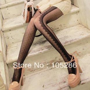 2456 sidepiece autumn and winter the waves lace decoration dot polka dot stockings meat pantyhose