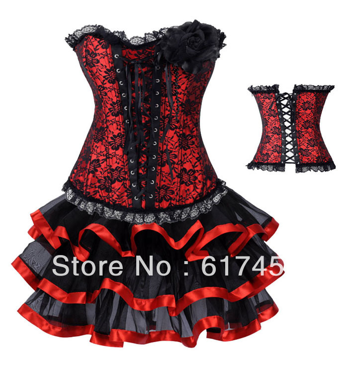 2753 red Fashion Women intimates satin sexy lingerie (bustier+underwear+skirt) Corset