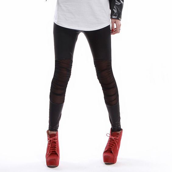 2789 2012 fashion gauze patchwork faux leather legging female ankle length trousers