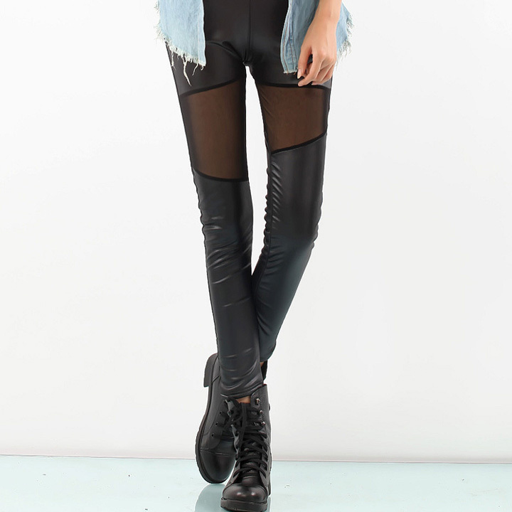 2818 faux leather pants female matt slim gauze faux leather patchwork ankle length trousers legging