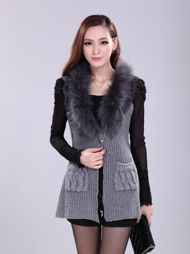 2h1 autumn winter 2012    women fox fur long design knitted  vest outerwear cardigan sweater lady cardigan pullover