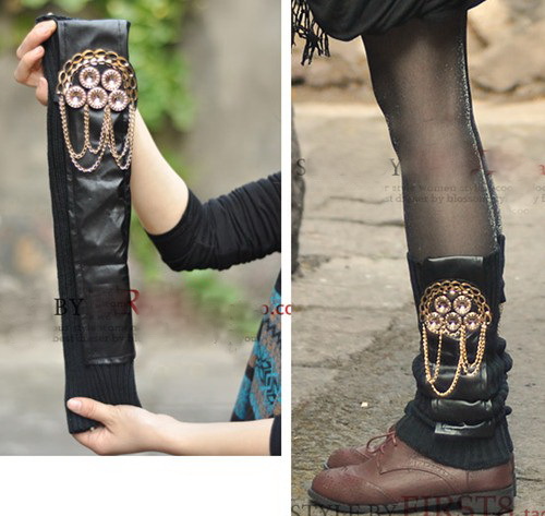 2pairs Fashion chain decorative black knit, woman socks warm boot covers free shipping