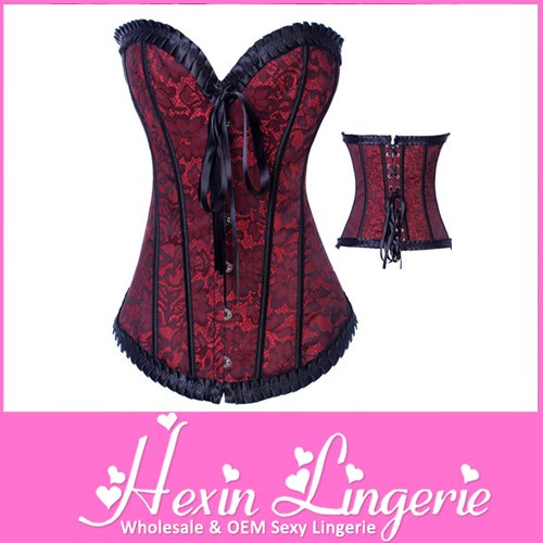 2PC Red Embroidered Floral Sexy Corset With Trimmed Ruffles LB4388 Size S M L XL