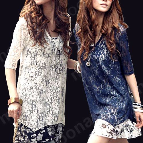 2pcs Half Sleeve Women Chiffon Floral  Mini Dress Lace Tunic Tops  Casual Blouse E0711