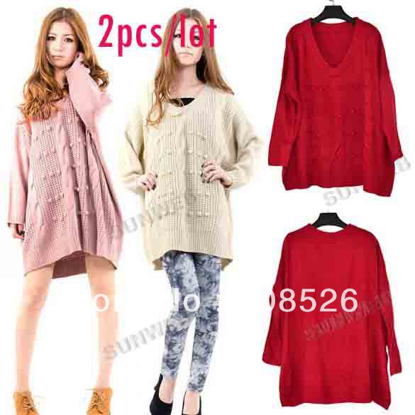 2Pcs/lot 2013 Korean Fashion Women's Casual Loose Batwing Sleeve V-Neck Knitted Sweater Tops 3 colors free shipping 9475