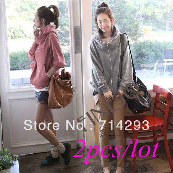 2PCS/LOT Free shipping New Korean Women's Jacket Hooded Zip Up Long Sleeve Coat Tops 2Colors 9241