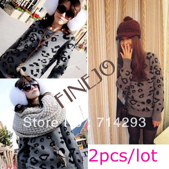 2pcs/lot Free Shipping Women's Long Sleeve Pullover Fashion Leopard Sweater Crew Neck Knitwear 7195