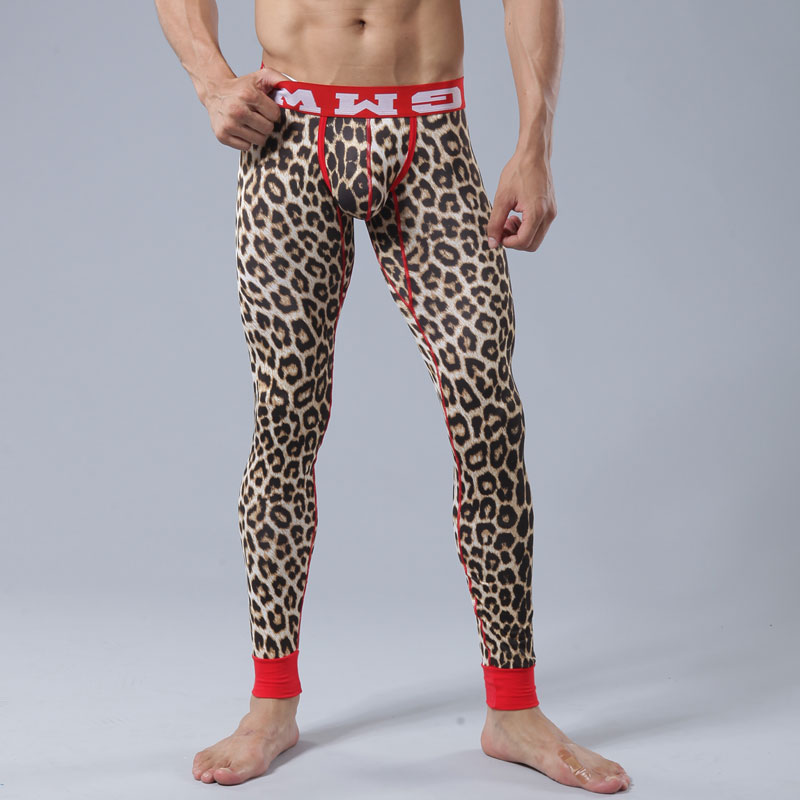 2pcs/lot Intouch male long johns tight low-waist legging men's thin warm pants leopard print underpants