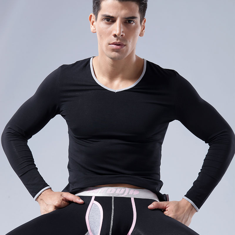 2pcs/lot Intouch male thermal underwear thin 100% cotton top men's long johns V-neck