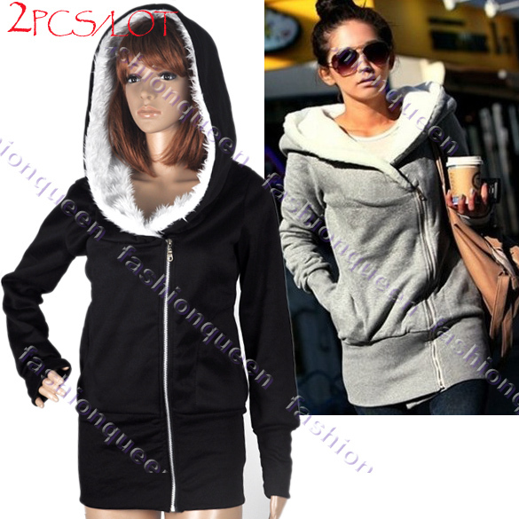 2PCS/LOT Korea fashion coat women hoodies sweatshirts Warm Outerwear Jackets Zip Black Grey 3269