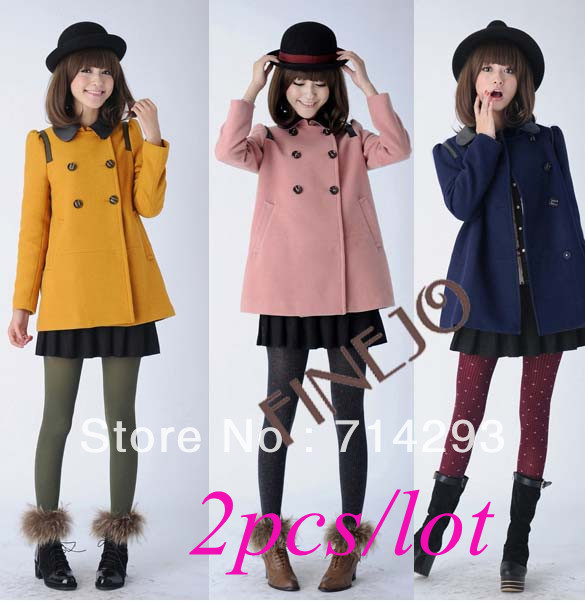 2pcs/lot Korea Women's Double-breasted Coat Long Puff Sleeve Splicing Leather Collar Coat Jacket Outwear Free shipping 9298