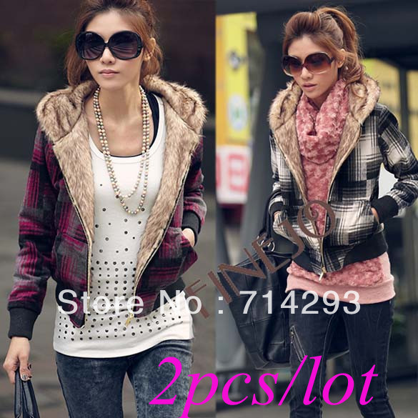 2pcs/lot  Korean Fashion Leisure Women's Checks Plaids Zip-up Jacket Hooded Coats Outerwear Warm Faux Fur Free shipping 9341