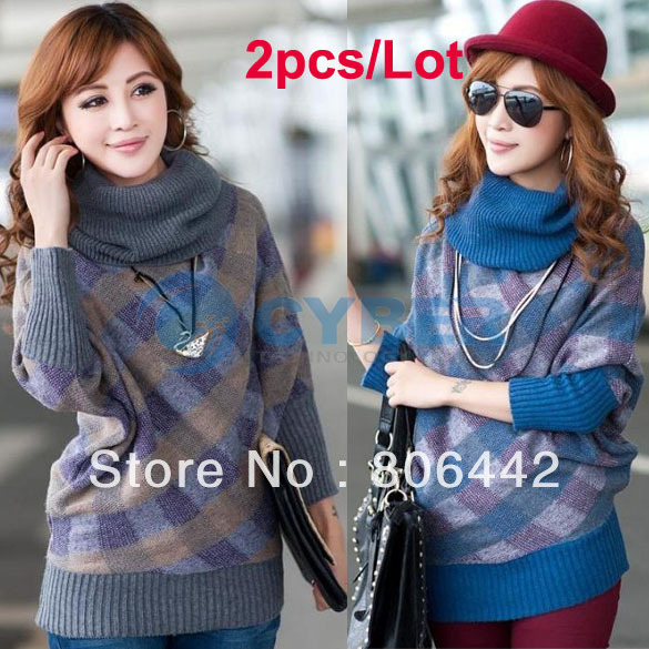 2pcs/Lot New Long Sleeve Highneck Checks Batwing Sweater Coat Cardigan Free Shipping 9062