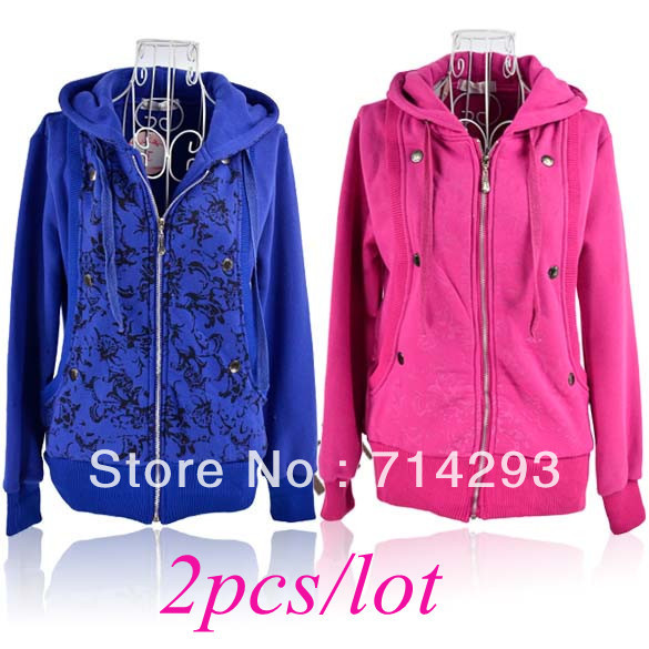 2pcs/lot New Women's Jacket Slim Thicken Flower-print Winter Cotton Hooded Coat Outerwear 2 Colors shipping 9096