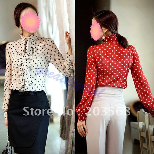 2PCS/LOT Women's Clothes Ruffle Blouse , Front high neck Shirt, polka dot Print Top/Shirt Blouse +Free SHIPPING