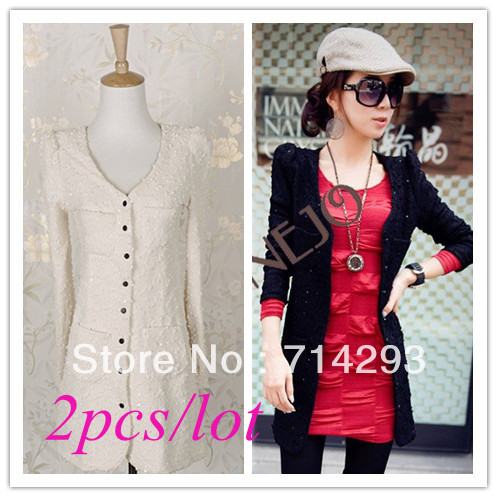 2pcs/lot Women's Elegant  Long Sleeve Winter Jacket Coat Outwear Paillette Decoration Solid Color free shipping 8172