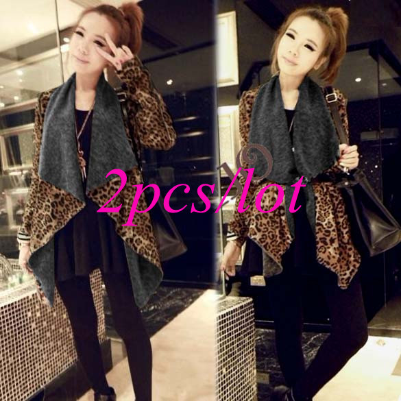 2pcs/lot Women's Fashion Long Sleeve irregular Leopard Jacket Coat outwear  free shipping 6495