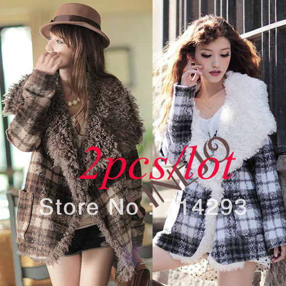 2PCS/LOT Women's Warm Winter Fur Collar Short Coat Jacket Grid Outwear Free shipping 9553