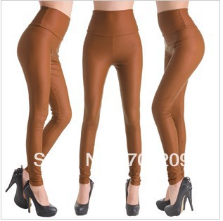 2piece/lot Light Coffee Sexy Fashion Women's Faux Leather High Waist Leggings Pants Tights  size:XS,S,M,L