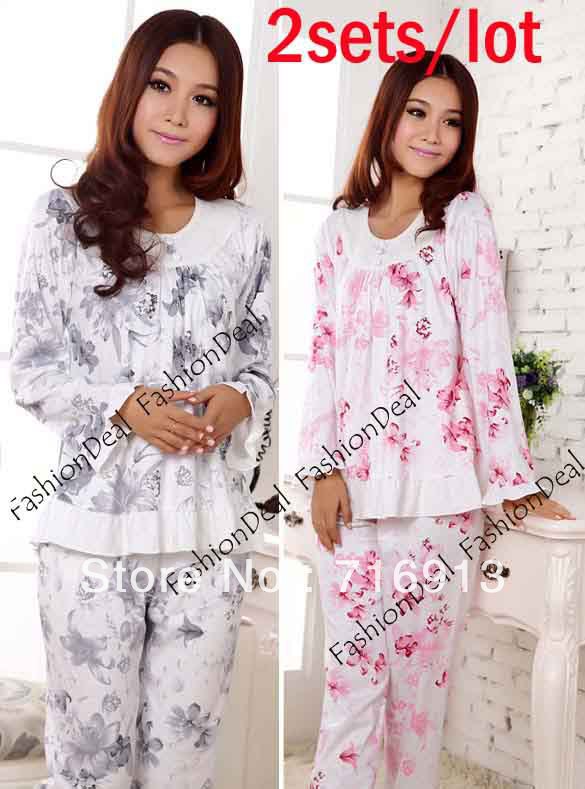 2sets/lot 2013 New Fashion Women Floral Pattern Sleepwear Sleep Clothes Long Sleeve Print Pajama Set 2 Sizes Free Shipping 11175