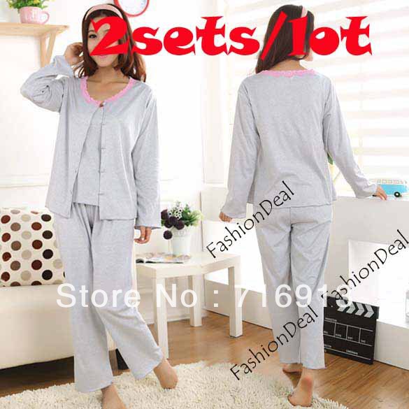 2sets/lot 2013 New Women's Three-piece Suit Long Sleeve Lace Sleepwear Pajama Set Sleep Clothes Set 3 Sizes Free Shipping 11097