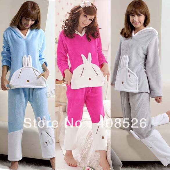 2sets/lot New Women Cute Winter Thicken Long Sleeve Cartoon Rabbit Pattern Hooded Pajamas fleece Sleepwear set free shipping9277