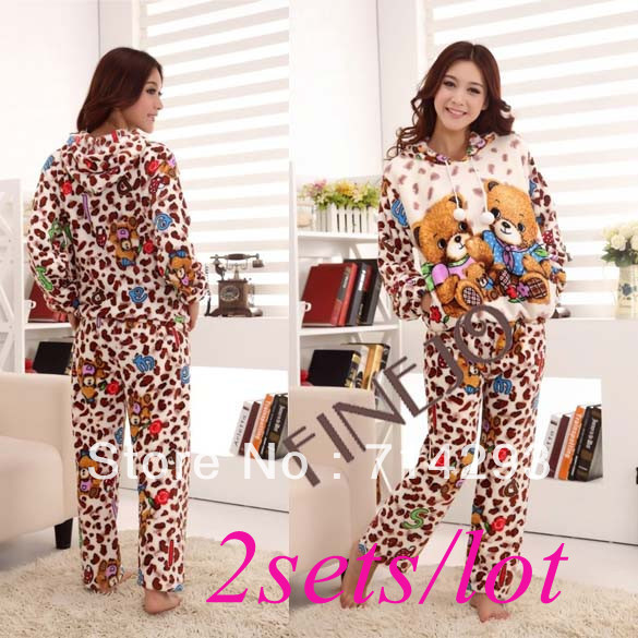 2sets/lot Women Cute Winter Sleepwear Coral Fleece Pajama Hoodied Sleep Clothes Set 2 Sizes free shipping 9278