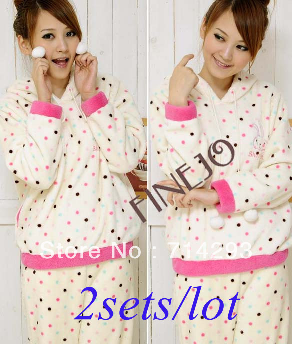 2sets/lot Women's Pajama Cute Winter Sleepwear Dots Pattern Hoodied Sleep Clothes Set Coral Fleece 2 Sizes free shipping 9280