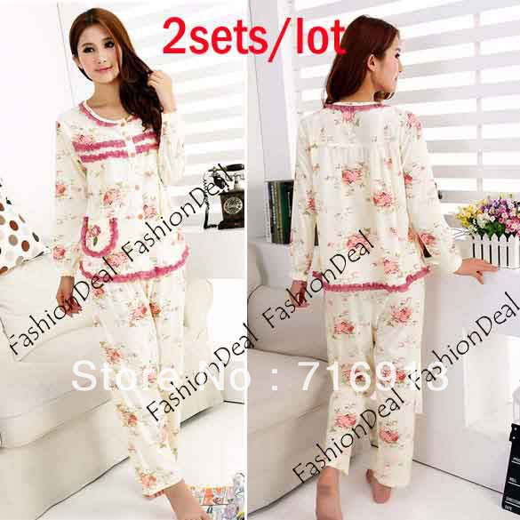 2sets/lot2013 New Fashion Women Round Collar Floral Pattern Sleepwear Sleep Clothes Print Pajama Set 4 Sizes Free Shipping 11174