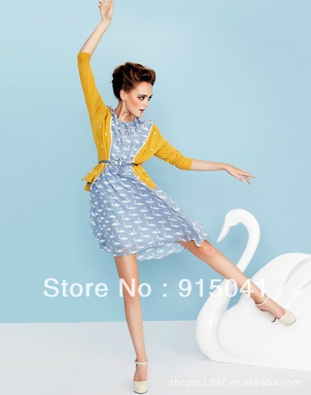 3-068 Europe and the United States new cute little swan pattern chiffon dress