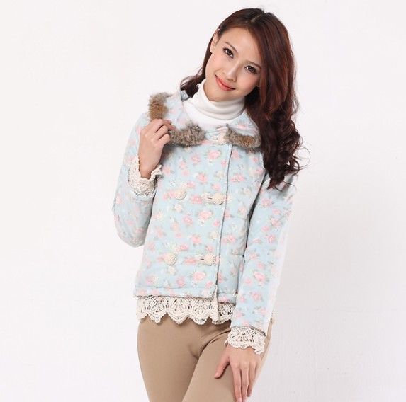 3.26 Promot 2013 new arrival wadded jacket fur collar lace decoration water-resistant wadded jacket wind outerwear thermal