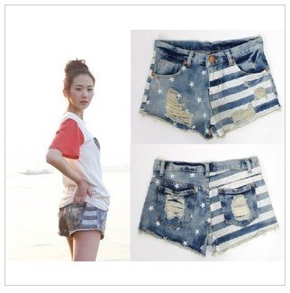 3,753 Korean ladies ' new leisure skinny worn in summer 2012 stars stripes flag printed denim shorts