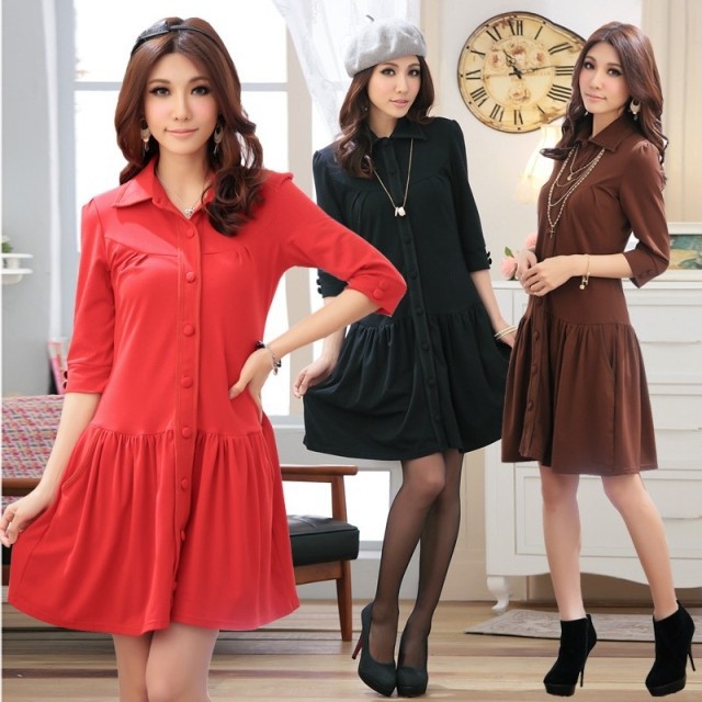 3 Color Ladies Plus Size Half Sleeve Dropped Waist Single Breasted Cardigan Fashion OL Slim Pleated CVC Cotton Dresses XL-4XL