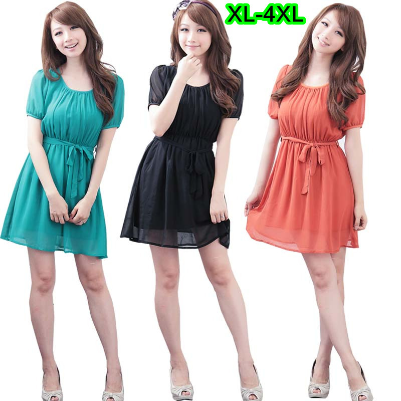 3 Colours Ladies Plus Size Short Sleeve Round Neck Ruffled Brief Basic Spring Summer Dress with Belt Size XL-4XL