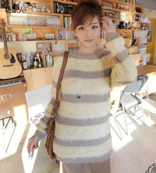 3 dog stripe pine wool long design long-sleeve sweater