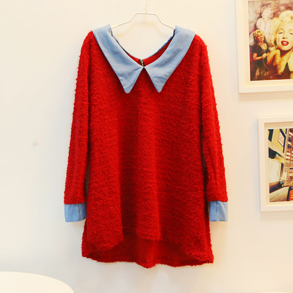 3 female color block decoration denim peter pan collar medium-long irregular shaggier sweater e 1 5