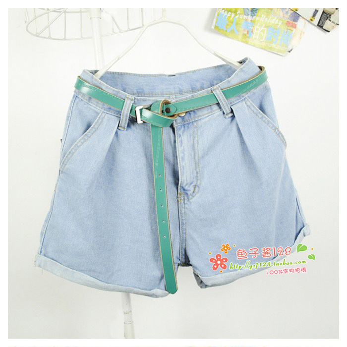 3 female mid waist loose plus size denim shorts light blue - roll-up hem casual shorts harem pants