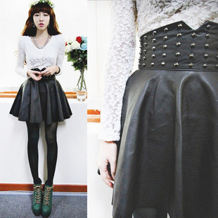 3 punk rivet large skirt short skirt bust skirt leather skirt