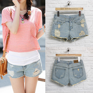 3 women's casual retro distrressed finishing plus size loose light color denim shorts