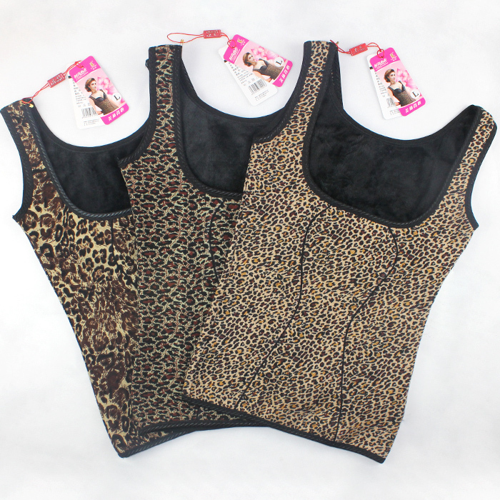 3 women's thickening plus velvet beauty care body shaping abdomen drawing low-cut leopard print thermal underwear vest