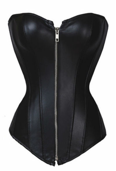 3007- sexy lingerie zipper leather steel bone overbust corset black size S-2XL