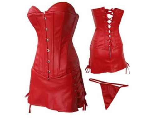 3010---sexy bustier 2 colors faux leather corset dress black red  top+thong+ skirt plus size 3XL 4XL 5XL 6XL