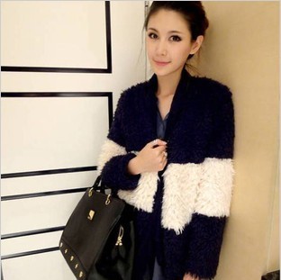 3016 women's color block fashion casual berber fleece outerwear long design