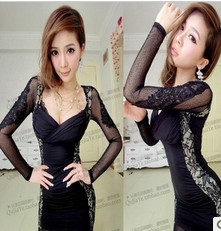 302 autumn and winter women sexy V-neck slim hip slim waist gauze patchwork one-piece dress