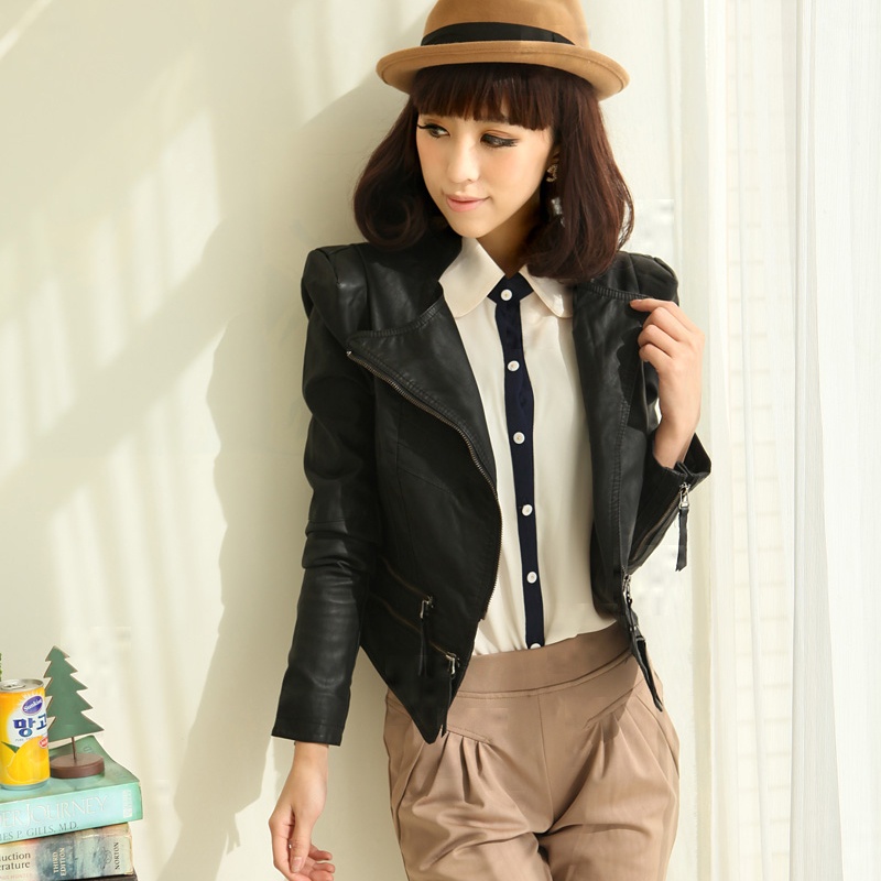 3068 spring 2013pu jacket outerwear fashion design motorcycle short slim women's leather clothing female short jacket