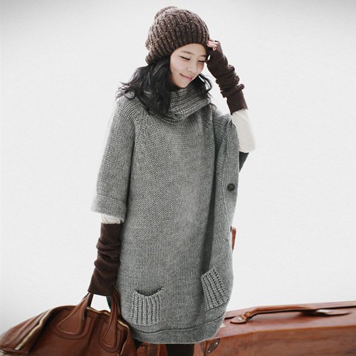 3108new side row buckle012 autumn winter new side row buckle batwing coat sweater high neck sweater-grey (590g)