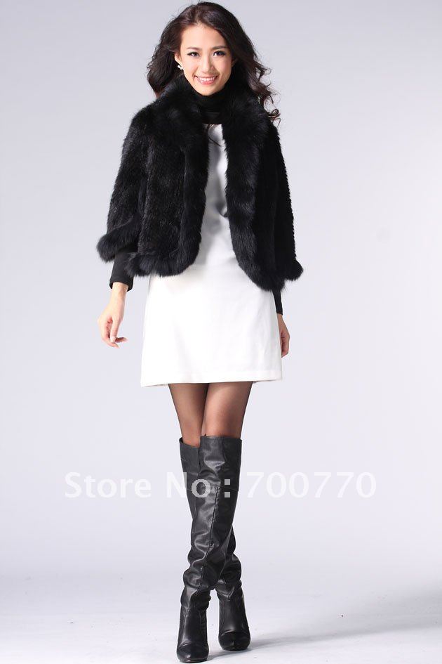 3131-B# Black Mink Fur Hand Knitted Women's Short Shawl Jacket With Fox Fur Collar Wholesale/Retail/Free Shipping