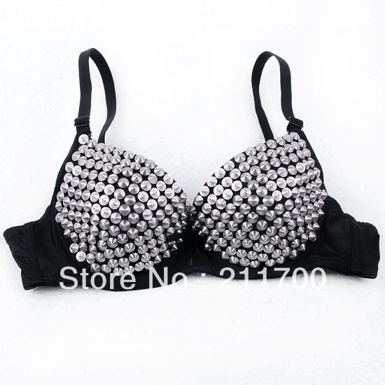 34B/36B/38B Women Party Clubwear Sexy Silver Metallic Tone Gathering Punk Spike Studs Rivet Bra Lady Underwear Free shipping