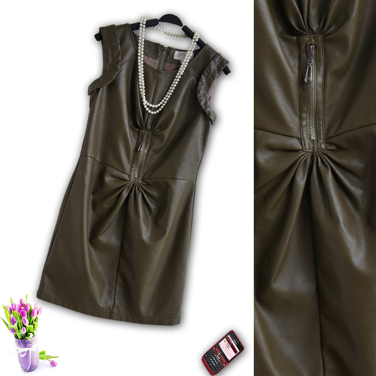 38800685 autumn and winter women water washed leather small one-piece dress 898 olive