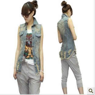 389 denim vest retro finishing hole long design slim denim vest